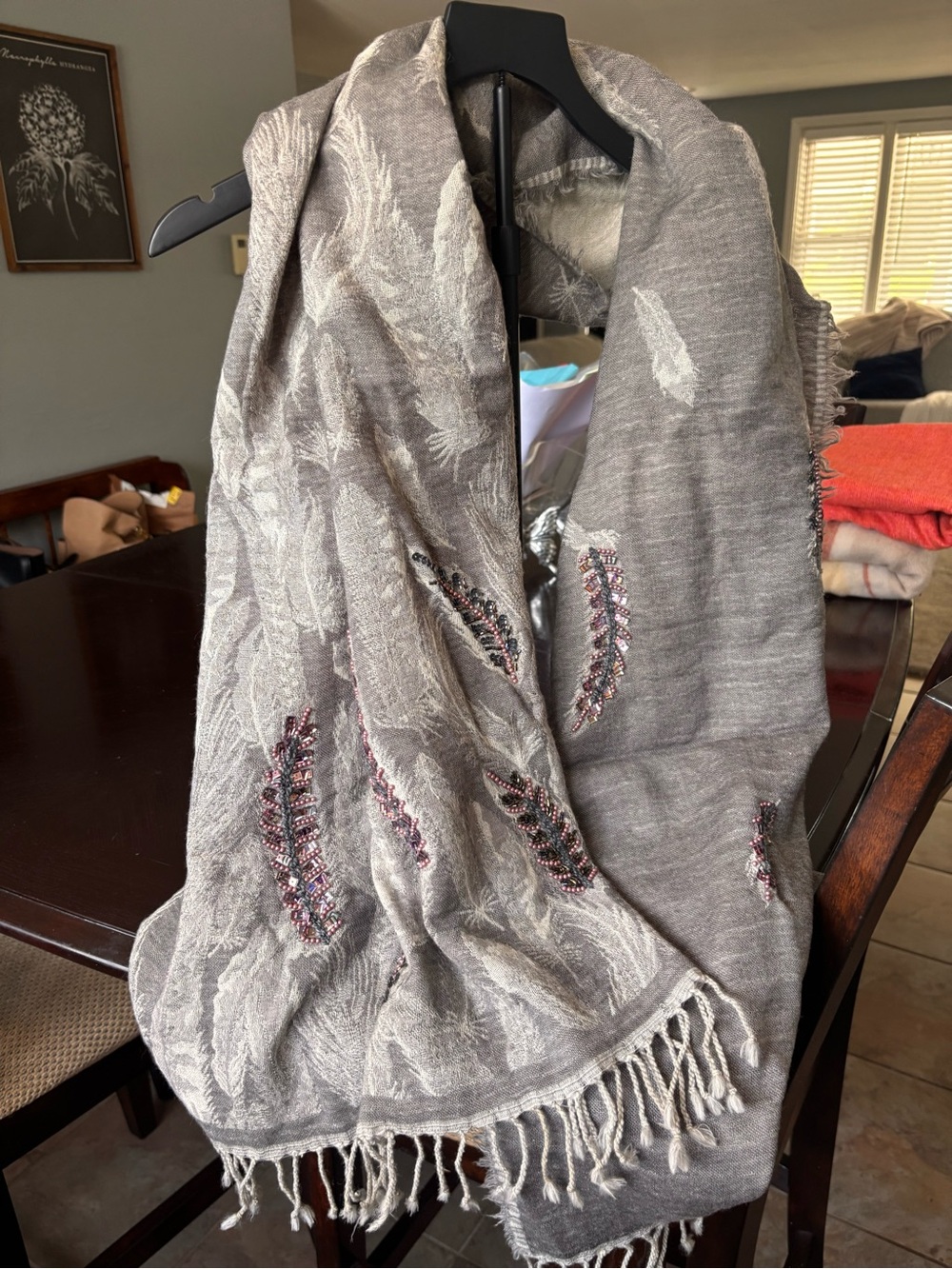 Neutral Feather-Embroidered Fringe Throw Scarf by